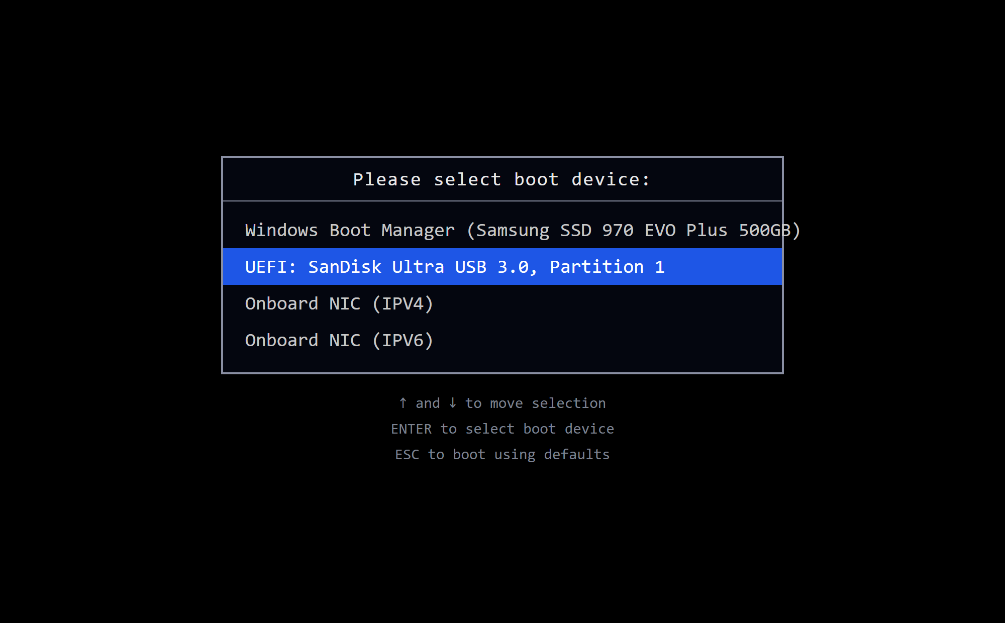 A one-time firmware boot menu with the UEFI USB stick entry highlighted, ready to boot into ProofWipe