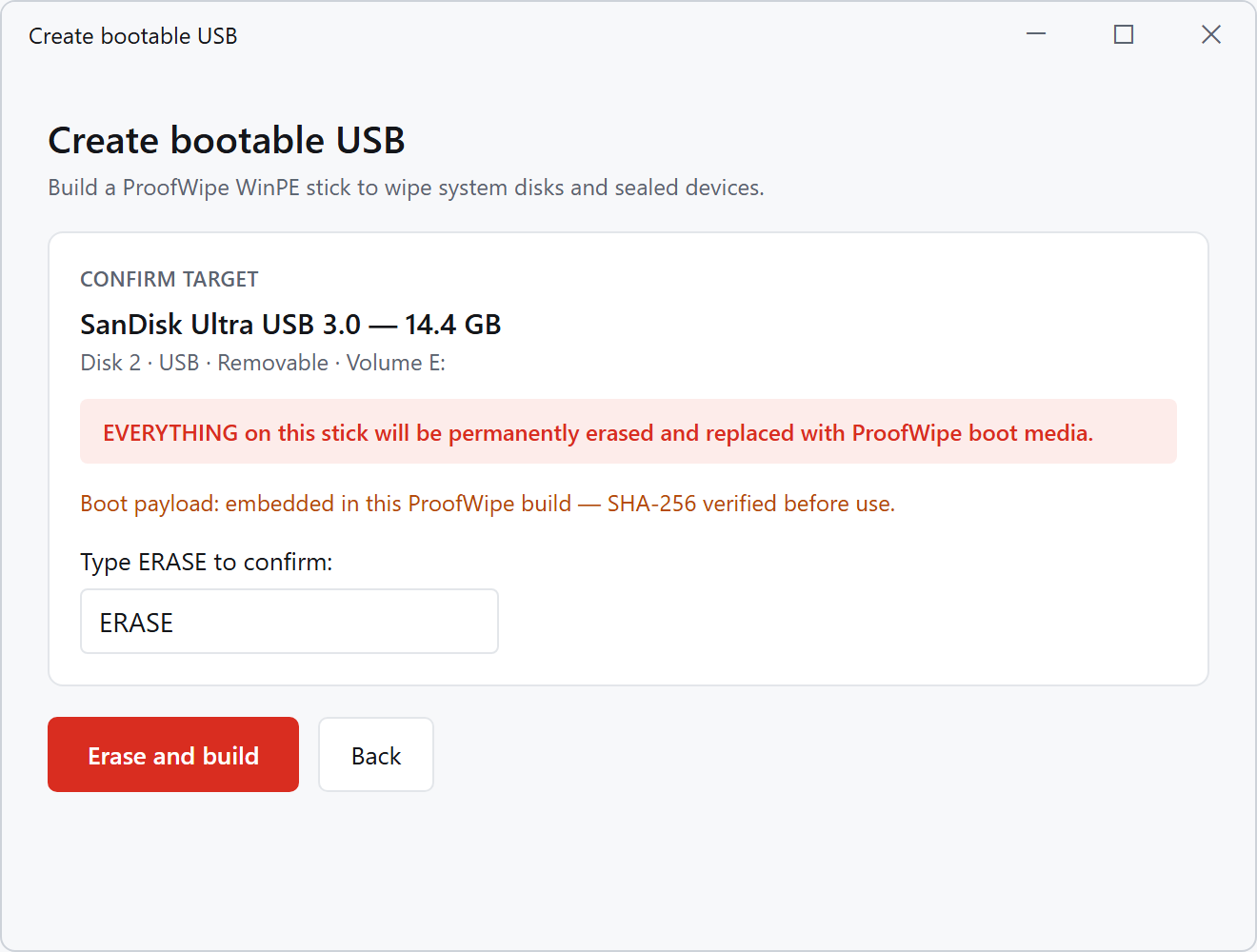 ProofWipe's Create Bootable USB wizard confirming the selected USB stick before erasing it and building the boot media