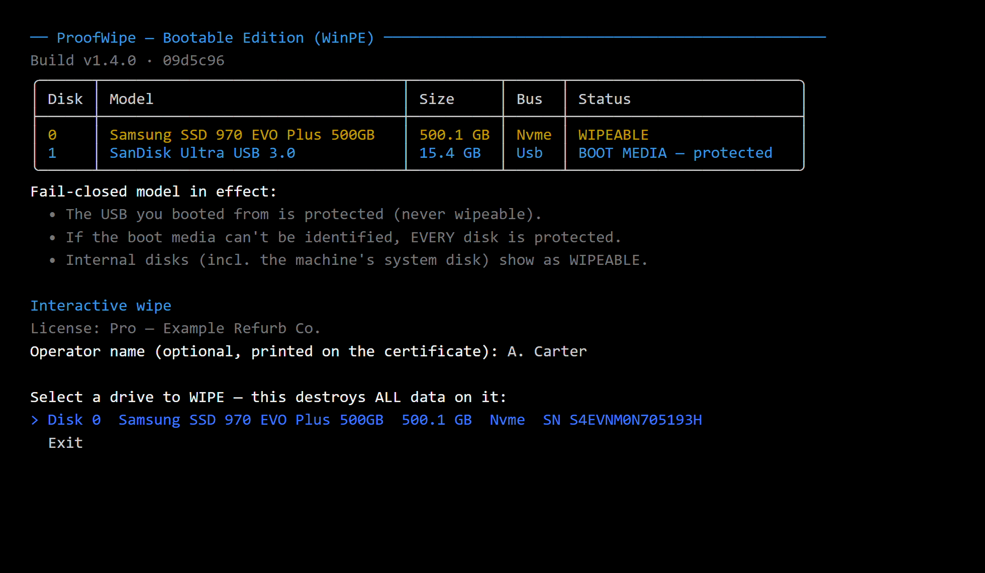 The ProofWipe bootable edition after startup: a read-only drive inventory table with fail-closed protection notes, and the drive selection showing the internal drive's model and serial number while the boot USB itself is protected