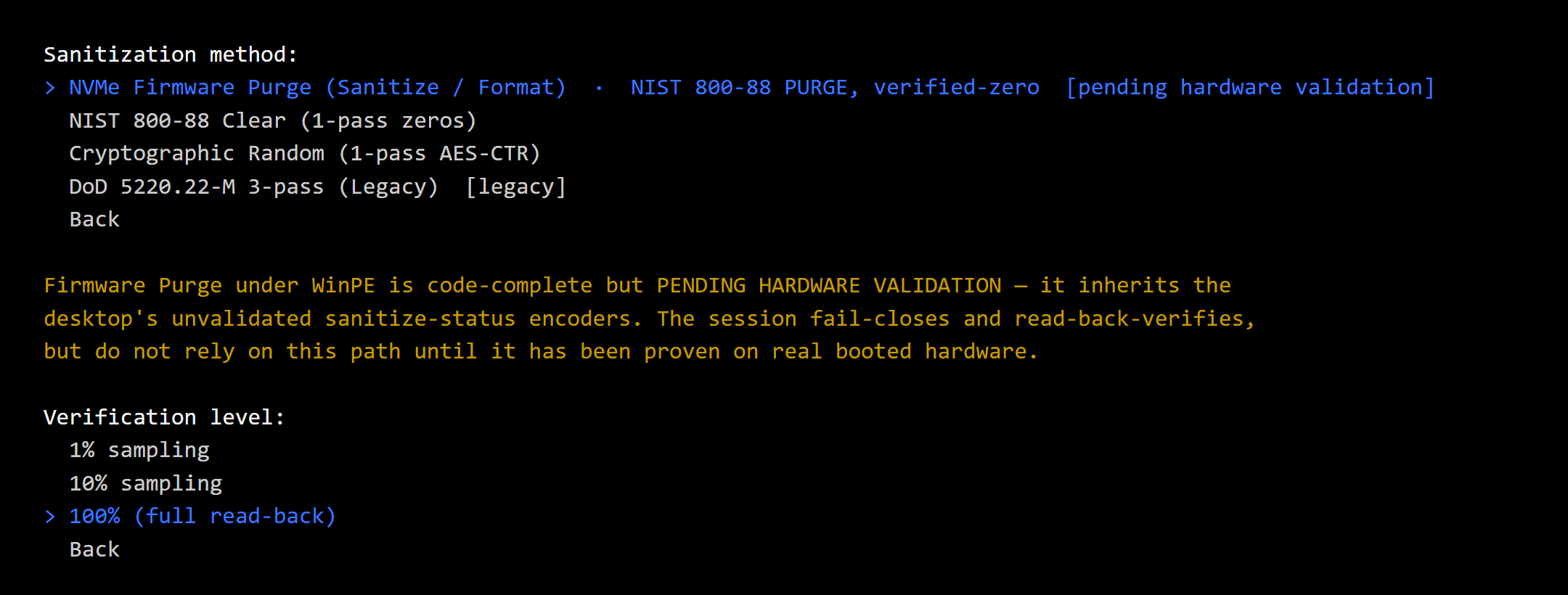 The bootable edition's sanitization method menu with NVMe Firmware Purge highlighted, and the verification menu set to 100% full read-back