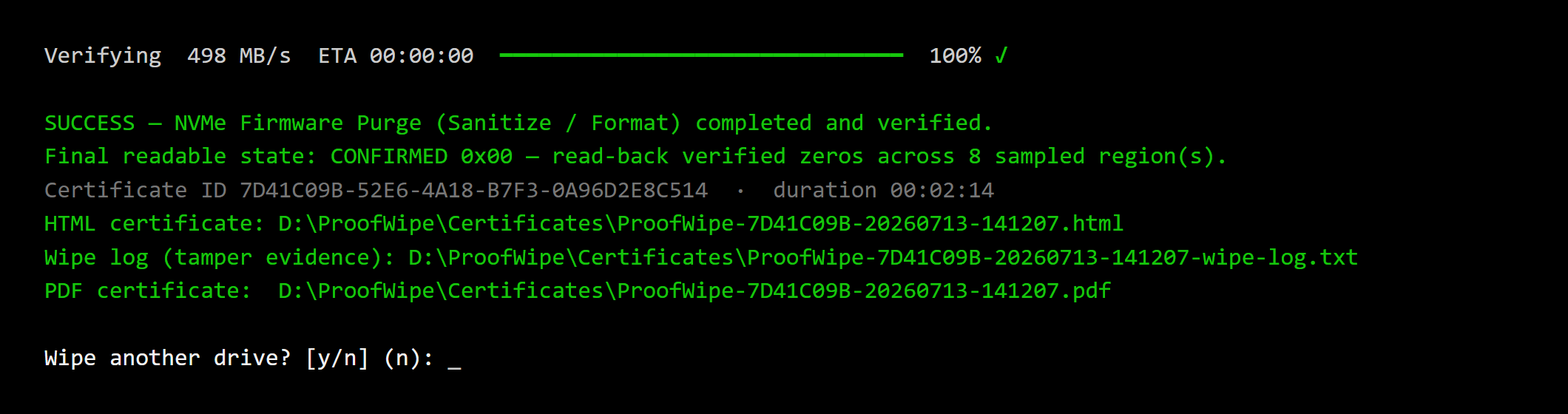 The verified result: SUCCESS, firmware Purge completed and verified, final readable state confirmed as zeros by read-back, with the certificate and tamper-evidence log written to the USB stick